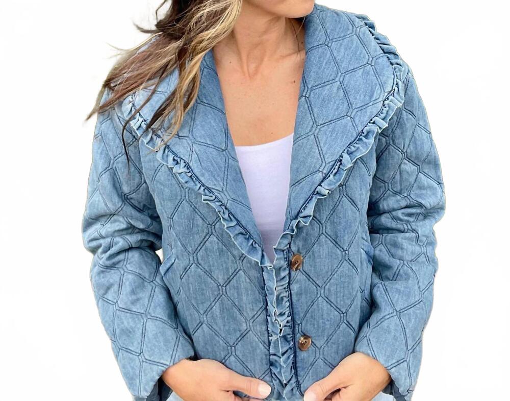 NEW STORIA jade button-up denim quilted jacket in blue